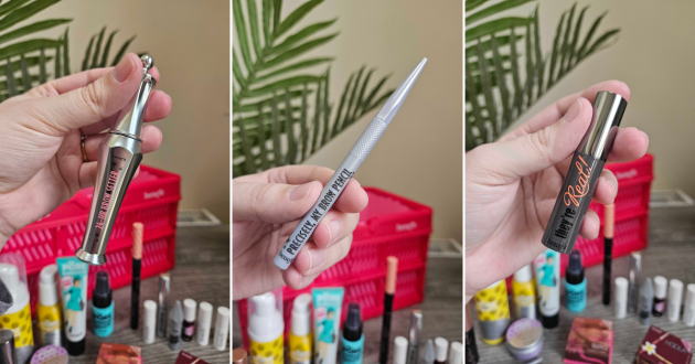 Grid picture of three Benefit products including the brow setter, brow pencil, and They're Real mascara
