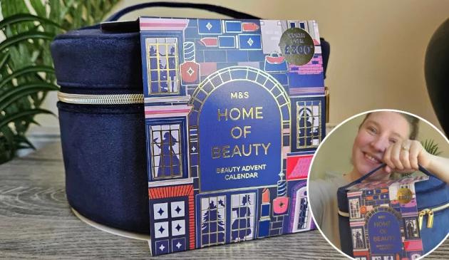 A still of the M&S beauty Advent calendar 2024 with a circle framed image of Mumsnet editor Rebecca holding it