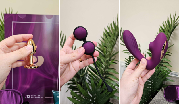 A grid of three photos showing a butt plug, kegel balls and Lovehoney's Indulge suction stimulator