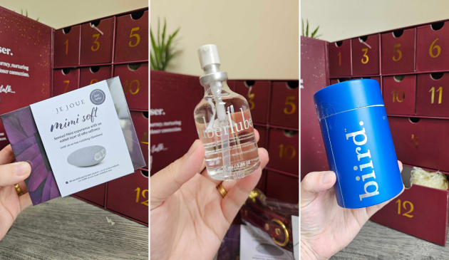 A grid of three images showing Je Joue's Mimi Soft vibrator, Uberlube lubricant and a product from Biird