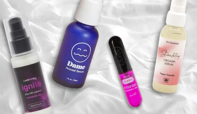 A picture collage of orgasm gels from Dame, Lovehoney, Ann Summers and Durex