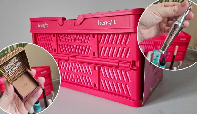 A picture collage of the Benefit beauty Advent calendar with two circle frames showing products