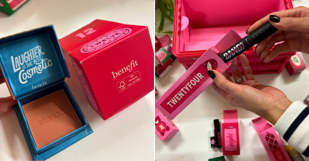 A grid of two Benefit products including a bronzer and mascara