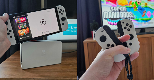 A split grid of the white Nintendo OLED in handheld mode and with the Joy-Con controllers separately