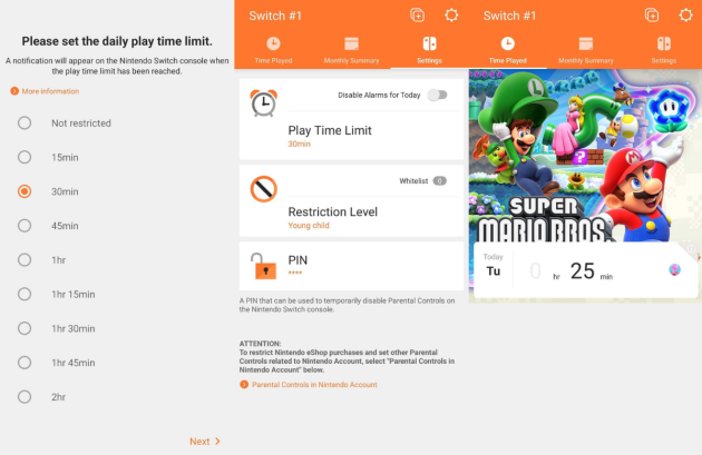 Screenshots of the Nintendo Switch Parental Controls App