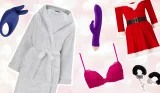 A collage image of Christmas gifts from Ann Summers against a sparkly pink background