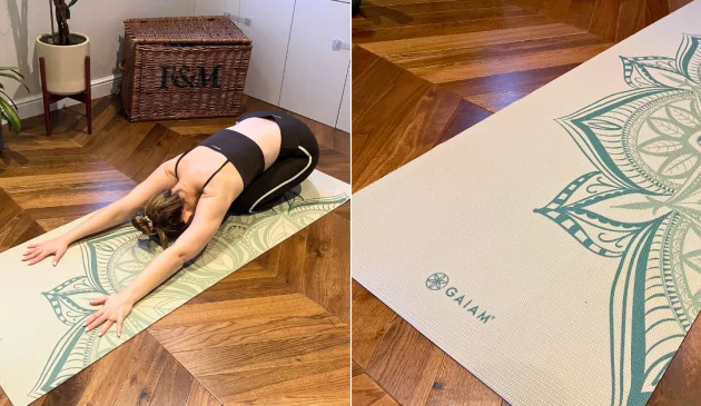 A picture grid of Lizzie Fuller doing yoga on a GAIAM yoga mat next to a close up shot of a GAIAM mat