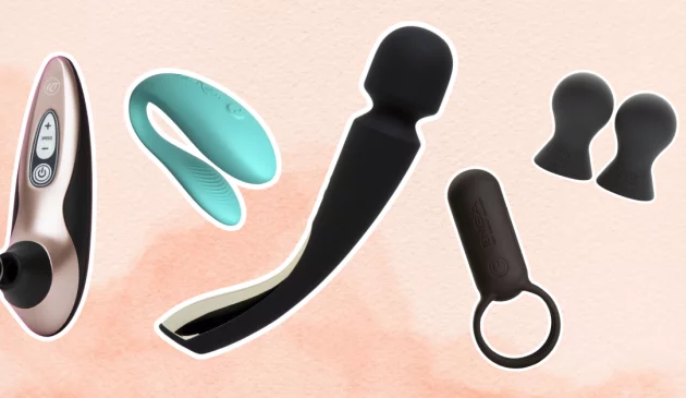 A picture collage of various sex toys from Womanizer, We Vibe, LELO, TENGA and Fifty Shades