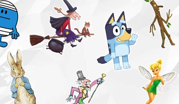 A picture collage of book characters include Mr Men, Peter Rabbit, Bluey, Stickman and more
