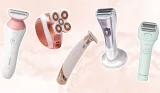 A collage of electric shavers designed for women from Philips, RoseSkinCo, Panasonic and Finishing Touch