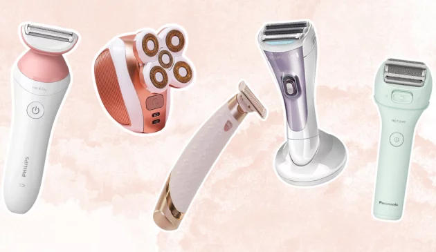 A collage of electric shavers designed for women from Philips, RoseSkinCo, Panasonic and Finishing Touch
