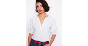 A model wears Boden's Cutwork Notch Neck Top