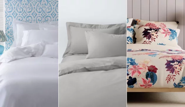 A photo grid of three double beds dressed in patterned bedding sets in neutral bedrooms