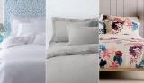 A photo grid of three double beds dressed in patterned bedding sets in neutral bedrooms
