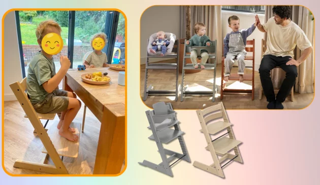Stokke Tripp trapp highchair review main image showing chair in testing and during different stages