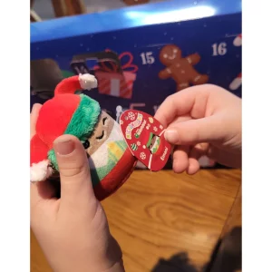 Squishmallow micromallow advent calendar in testing close up of Emani Christmas elf micromallow