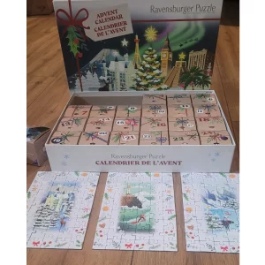 Ravensburger puzzle advent calendar in testing showing first three puzzles complete