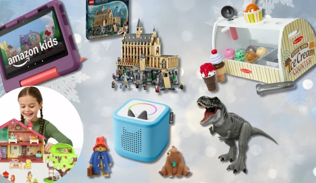 black friday toy deals hero image including Bluey, amazon fire 10, harry potter lego, jurassic world, toniebox 2, melissa & doug ice cream toy