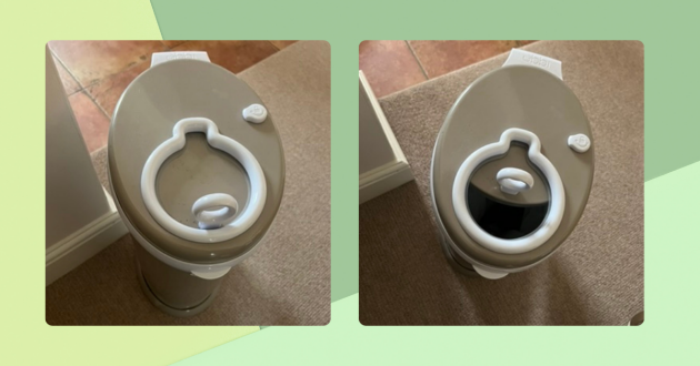Ubbi nappy bin review image showing the bin from about with sliding lid open and closed