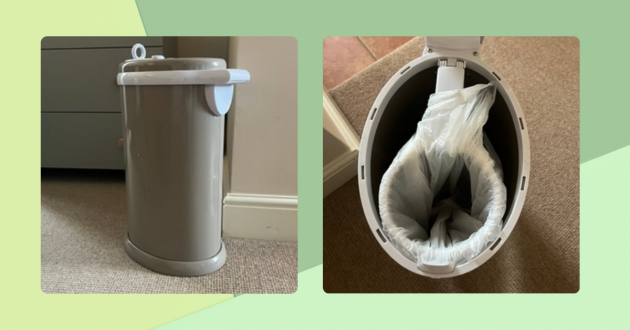 Ubbi steel odour locking nappy bin review image featuring bin in testing and open from above