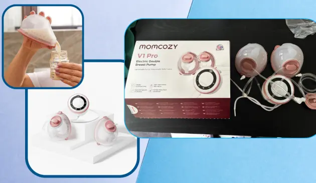 Momcozy v1 pro breast pump review hero image featuring the pump in testing and as a display model