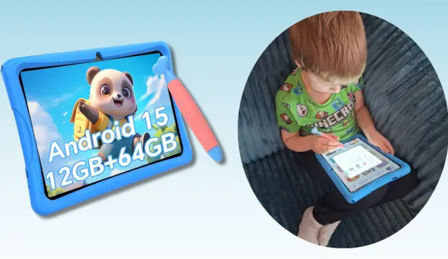 Tabwe kids' tablet review hero image showing tablet as a standalone product and in testing