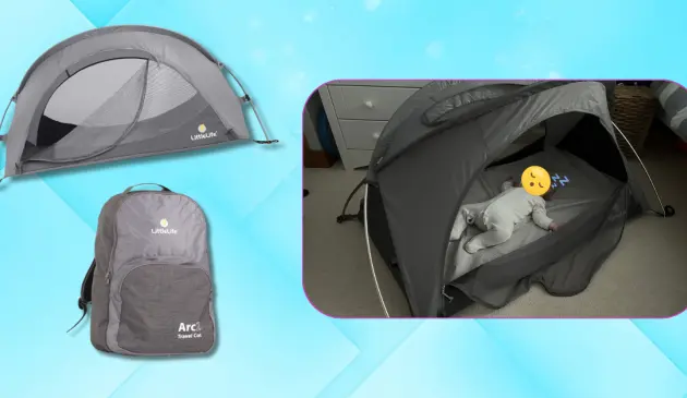 Littlelife Arc2 Travel cot review main image showing two stock images and one testing image