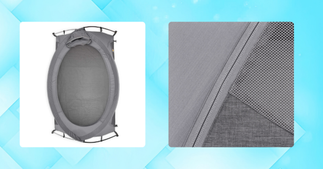 Littlelife Arc 2 travel cot review image showing close up of outer fabric and a bird's eye view of the cot