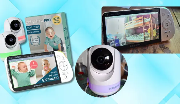 Babysense Max View PRO review hero image featuring stock image and two images of monitor in testing