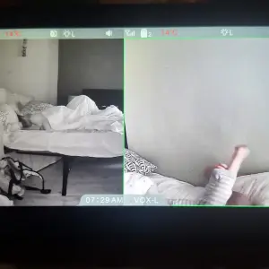 Babysense max view pro baby monitor in testing close up of parent unit showing split screen view