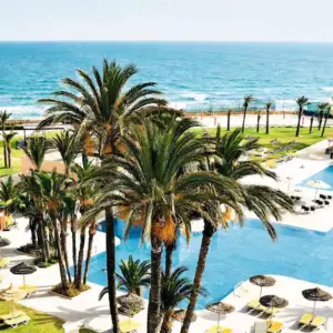 Holiday Village AQI Skanes Tunisia aerial view of activity pool and coastline