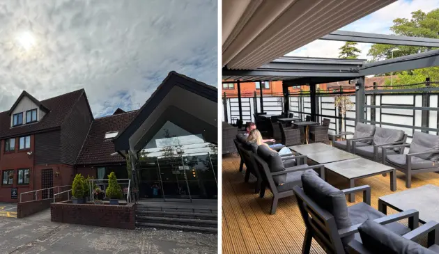 Winchester Hotel & Spa hero image featuring tester photo of exterior hotel and outdoor dining area