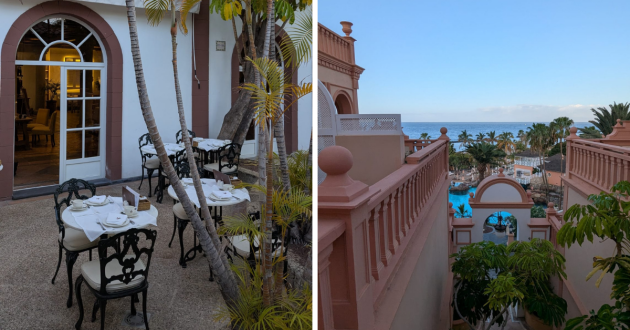 Hotel Bahia del Duque review image showing outdoor dining area and view of hotel gardens and pool