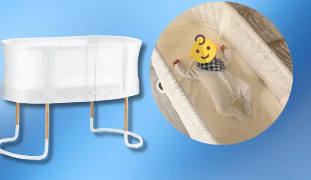 BabyBjörn Baby Crib review image showing standalone crib and crib in testing with baby