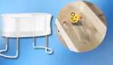 BabyBjörn Baby Crib review image showing standalone crib and crib in testing with baby
