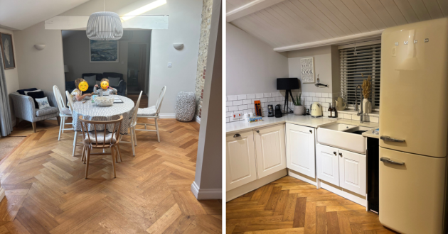 The Orangery holiday cottage review image showing kitchen and kids eating in dining area