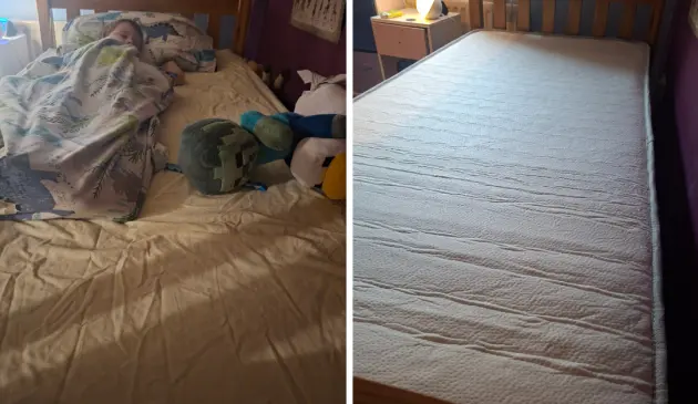 Coolflex Kids Hybrid Mattress review image showing mattress on bed and child sleeping