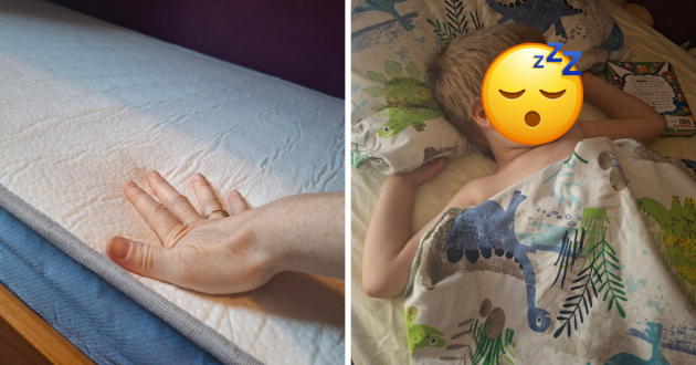 Coolflex Kids Hybrid Mattress review image showing hand testing firmness and close up of sleeping child