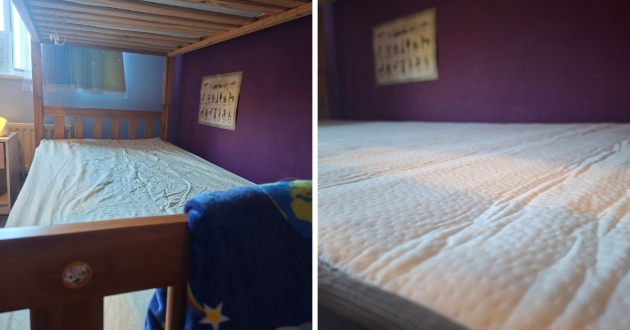 Coolflex Kids Hybrid Mattress review image showing mattress with a sheet on bunk bed and a close up of the mattress top