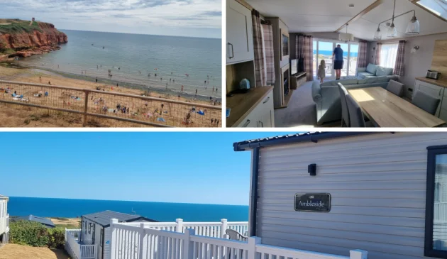 Haven Devon Cliffs review main image of beach, interior of caravan and wideshot of caravan and view of ocean