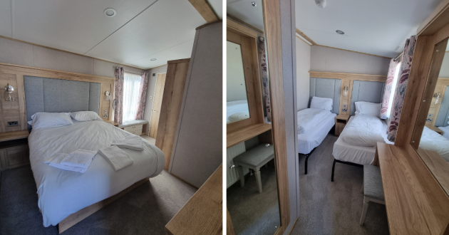 Haven Devon Cliffs review image showing caravan main bedroom and twin bedroom