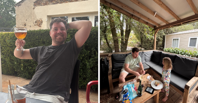 Eurocamp La Garangeoire review image showing tester husband relaxing with a beer and outdoor seating area of premium lodge