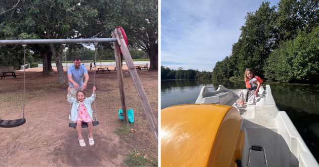 Eurocamp La Garangeoire review image showing little girl at the playground and enjoying a pedalo ride