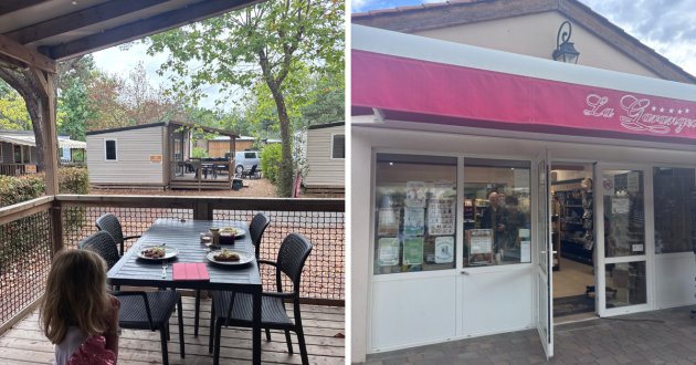 Eurocamp La Garangeoire review image showing outdoor terrace area and on-site shop