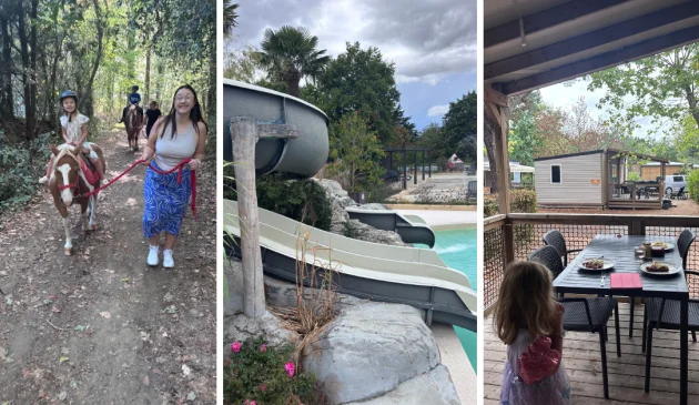 Eurocamp La Garangeoire review image: 3 images showing tester family pony riding, water slides at the pool and tester family's outdoor terrace in Premium lodge
