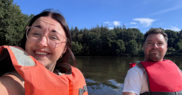Eurocamp La Garangeoire review image showing tester Rebecca and husband on a pedalo