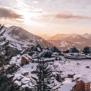 Avoriaz, France wide shot of resort at sunrise