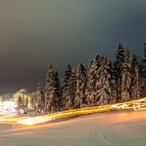 Borovets, Bulgaria wide shot of slopes at night