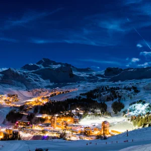 La Plagne, France wide shot of resort at night