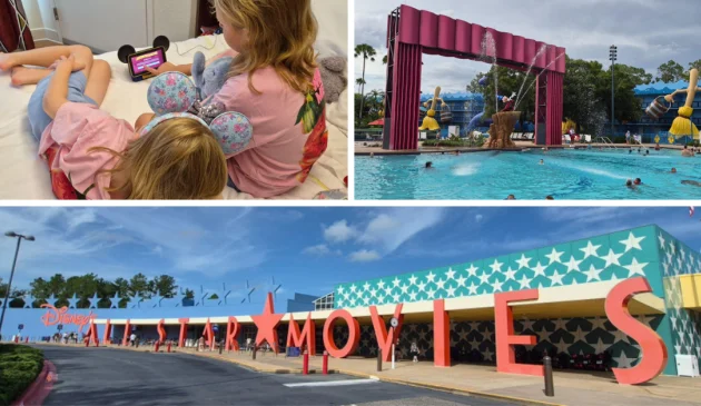 Disney's All-Star Movies Resort review image featuring hotel exterior, pool and room